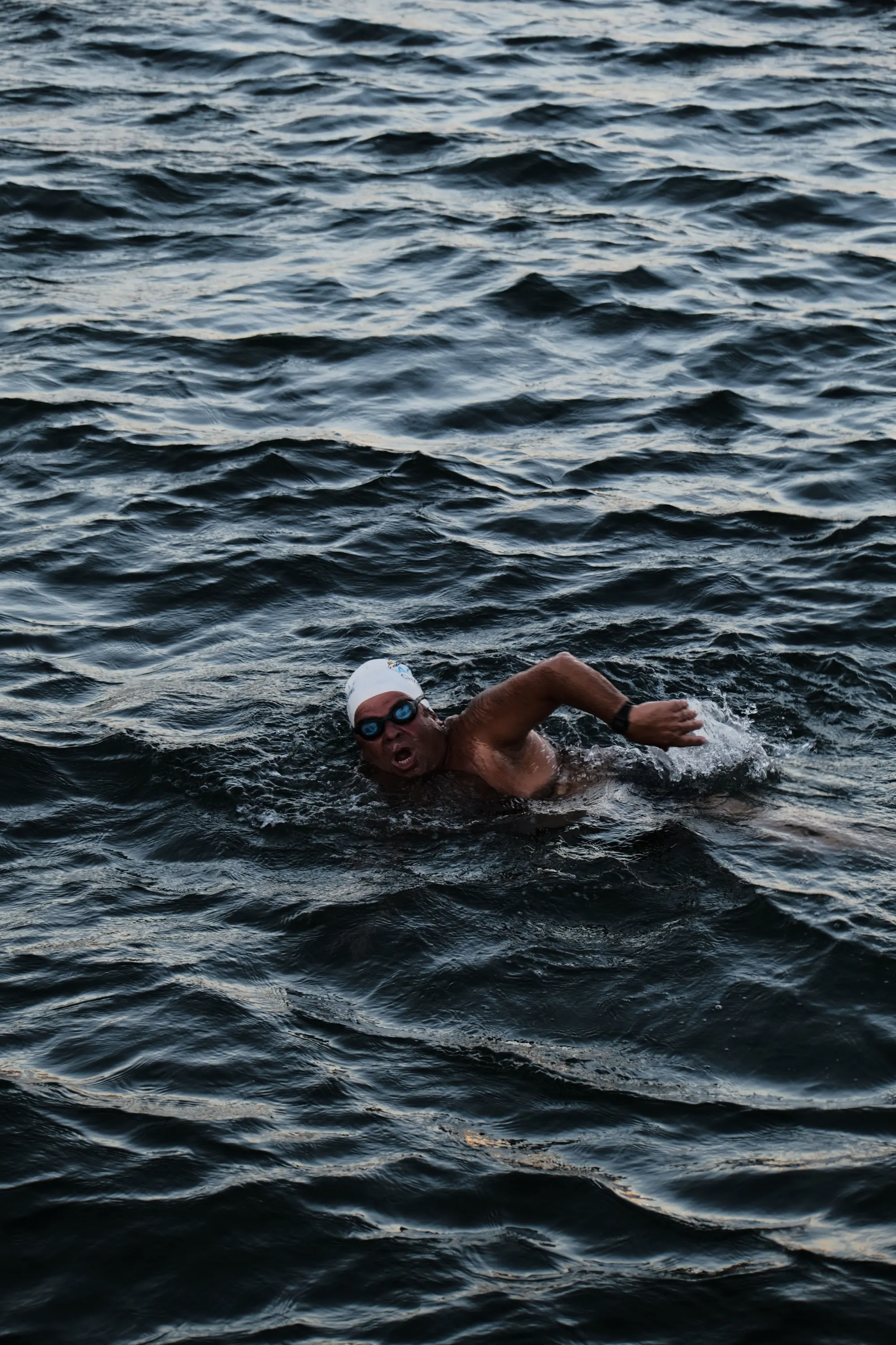 A triathlete swimming in open water