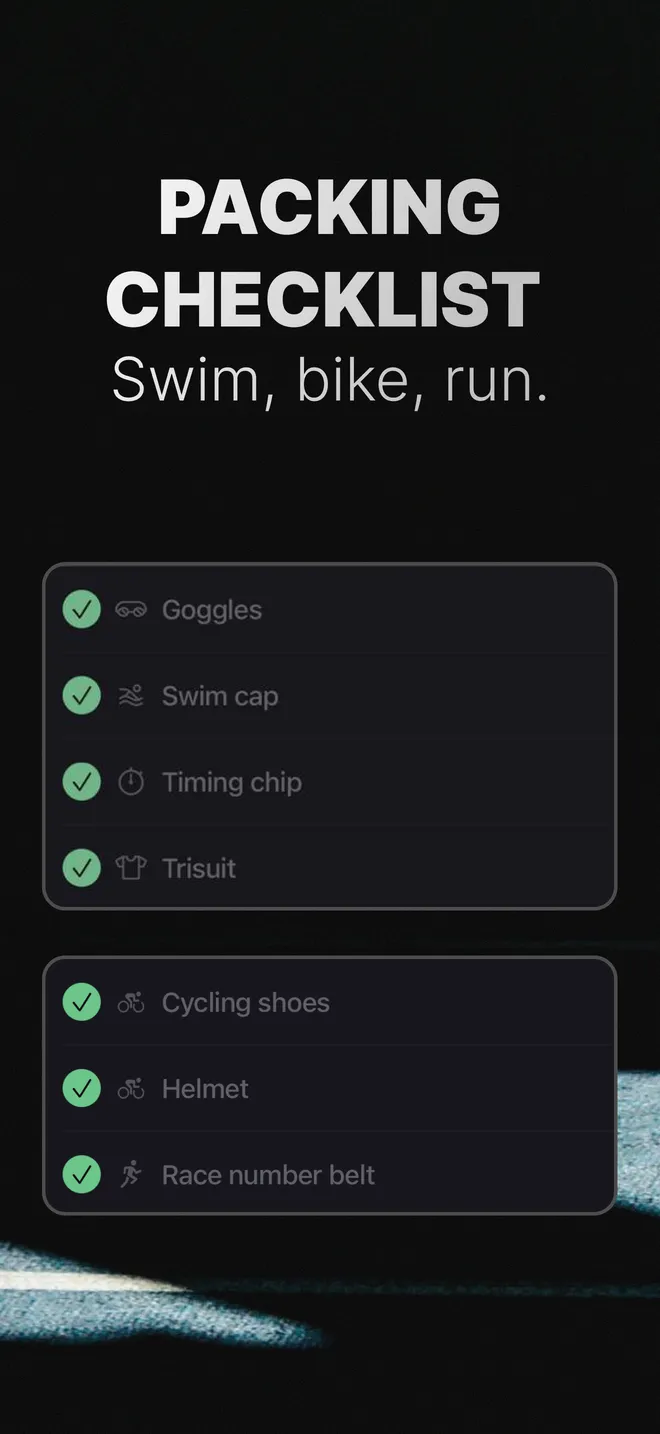 Packing checklist for swim, bike and run: pack every bag